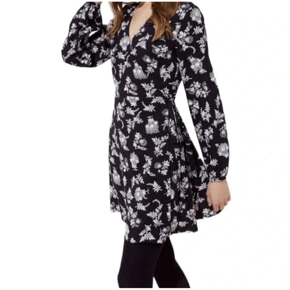 New Loft True Wrap Dress Size 10 Floral Print Black White Long Sleeves V Neck